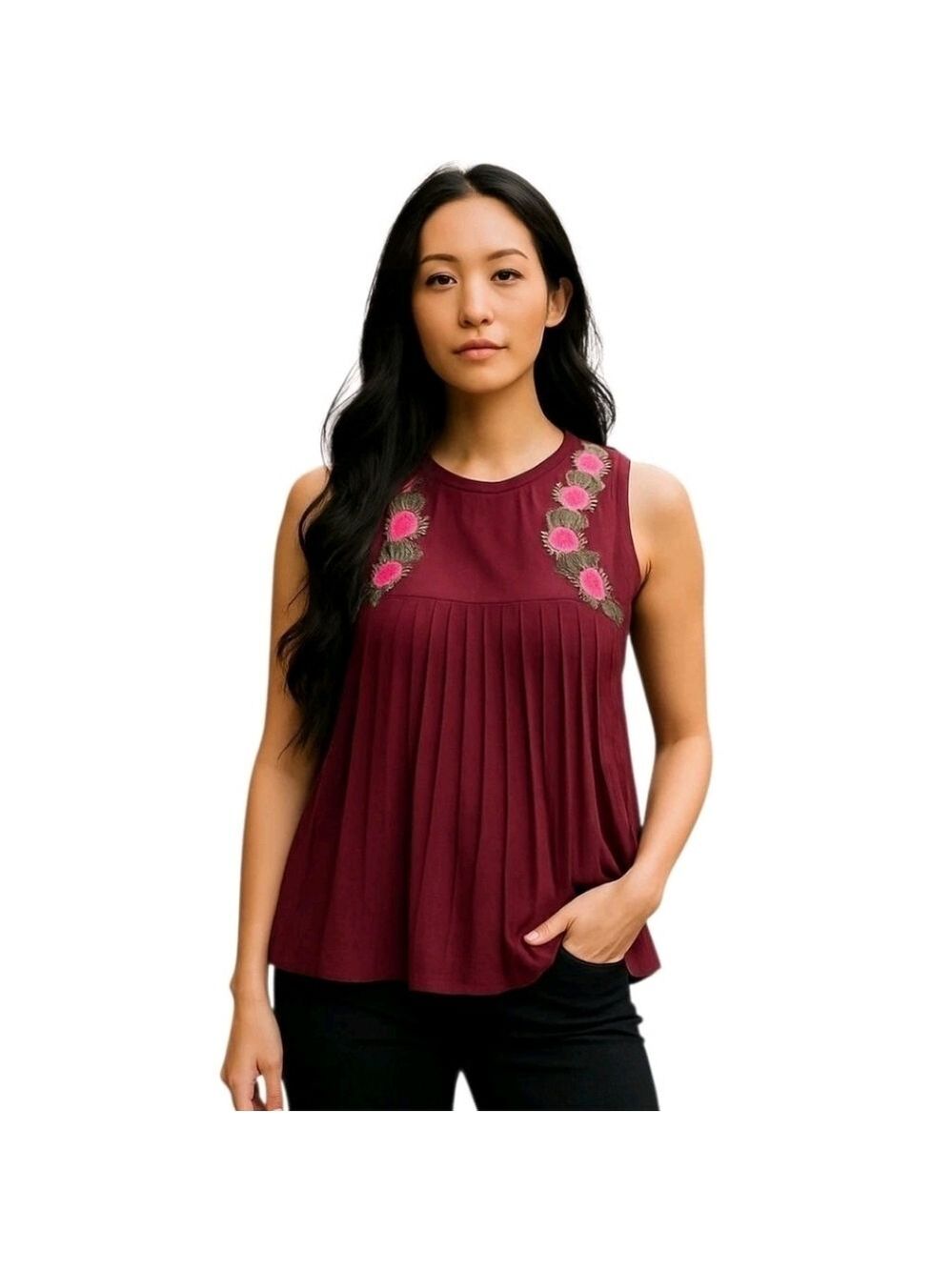 𝅺american Eagle Purple Pleated Round Neck Sleeveless Blouse Top Size Large